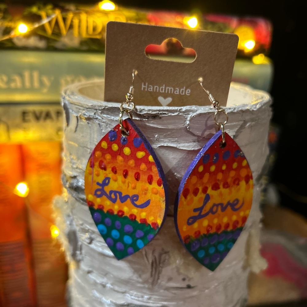 Boho "Love" wooden earrings handmade and painted by me brand new